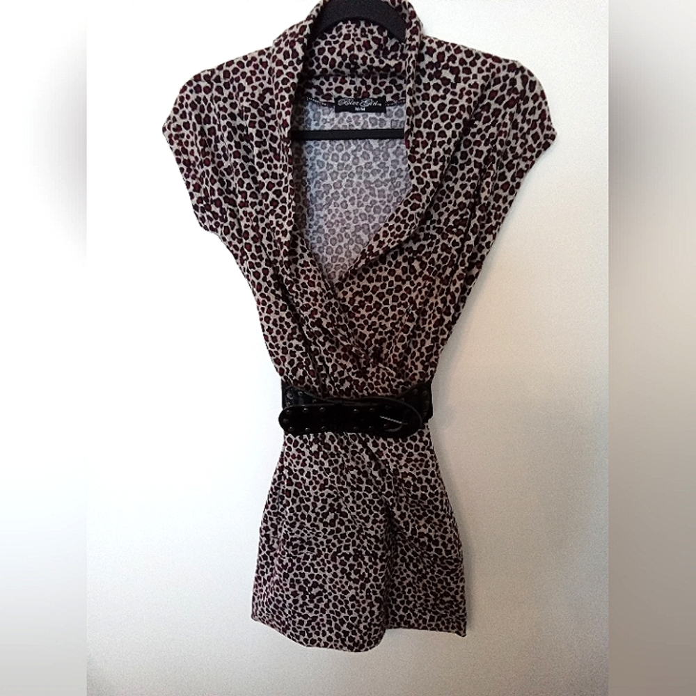 Bizz Girl Women's Vintage Soft Knit Animal Print Mini Dress With Belt Size Small